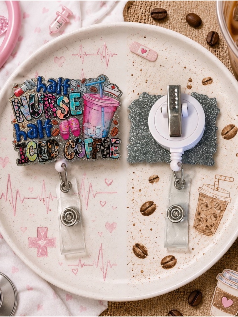 Hand Crafted Half Nurse Half Iced Coffee Badge Reel - Pink Blue Glitter
